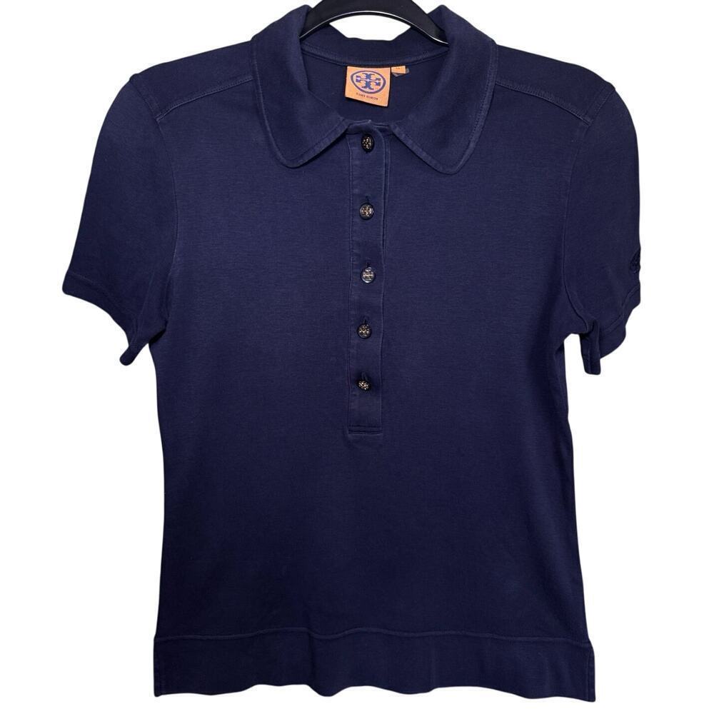 Tory Burch Lennox Polo Five Button Cotton Short Sleeve Navy Size Medium - Picture 3 of 11